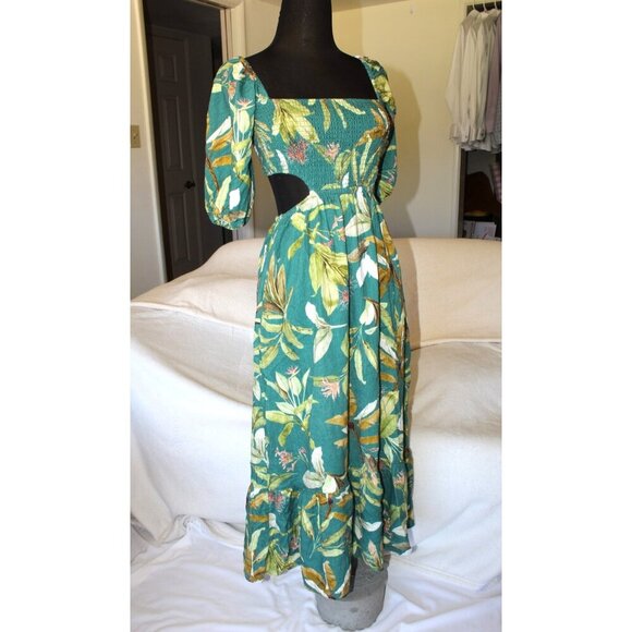O.P.T Jungle Cut Out Midi Dress Linen Blend Puff Sleeves Hawaiian Floral Size M? - Picture 8 of 11
